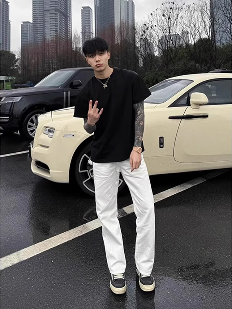 

White Elastic Waist Slim Fit Jeans Men's Summer Straight Leg American Vibe Knife Bootcut Pants Breathable Polyester Fiber
