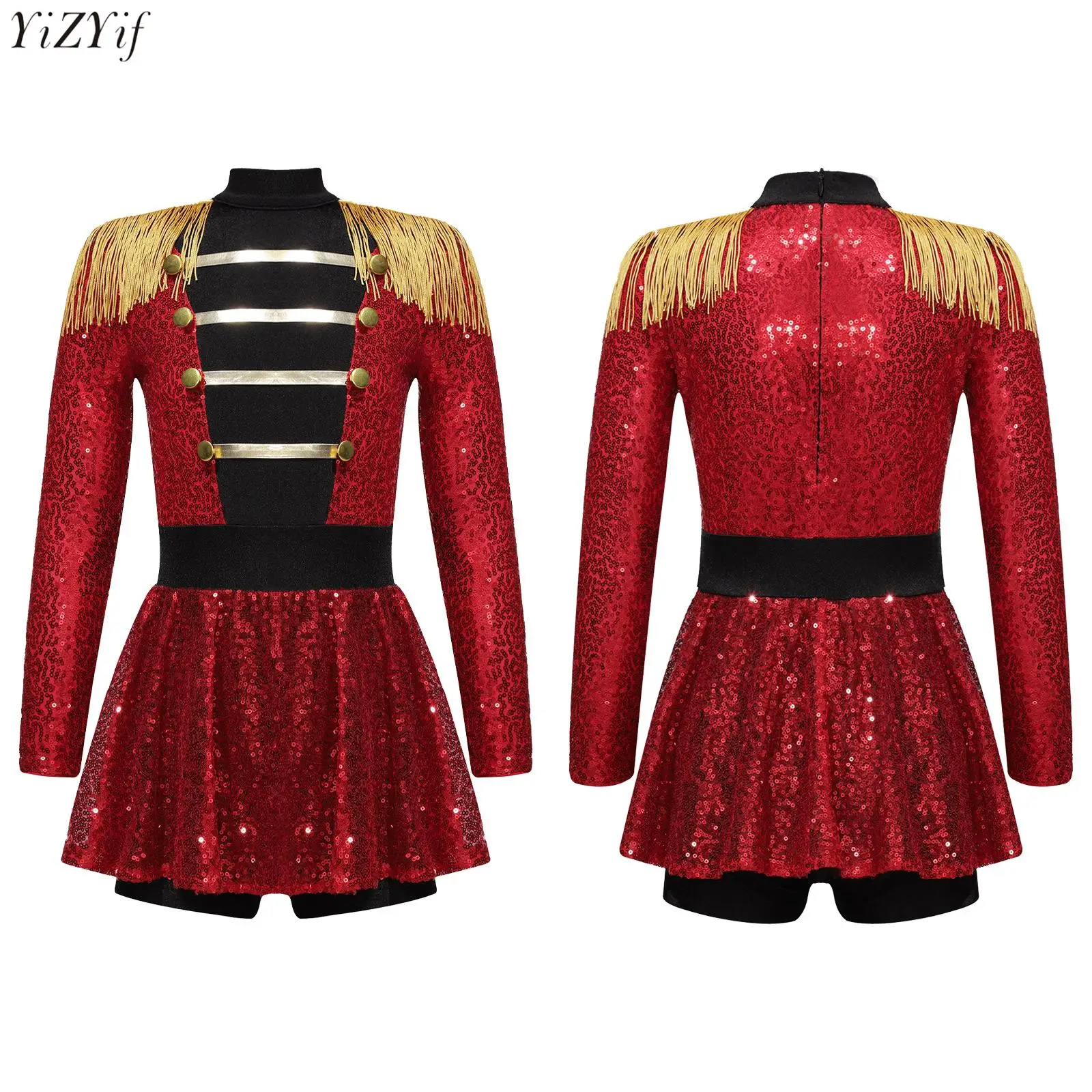 

Girls Ringmaster Circus Performance Costume Jumpsuit Long Sleeve Tassel Epaulet Shiny Sequins Romper Halloween Carnival Dance