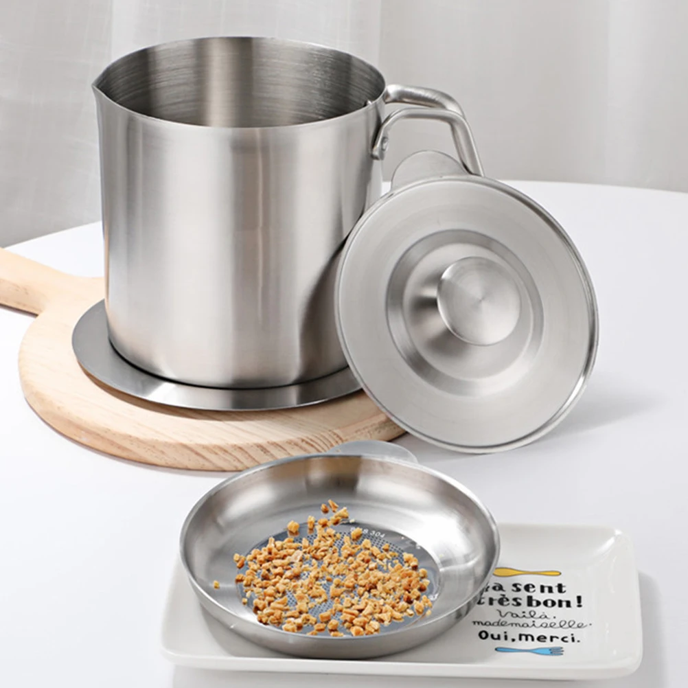 

1pc Large Capacity Stainless Steel Strainer Storage Can With Lid Fine Mesh Grease Container Anti-Scald Handle Kitchen Gadget