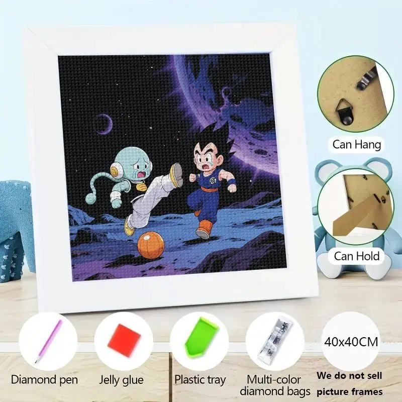 

1PC DIY 5D Full Drill Diamond Painting Kit, Anime Cartoon Boy Character & Alien Playing Soccer Football on Outer Space Planet Mo