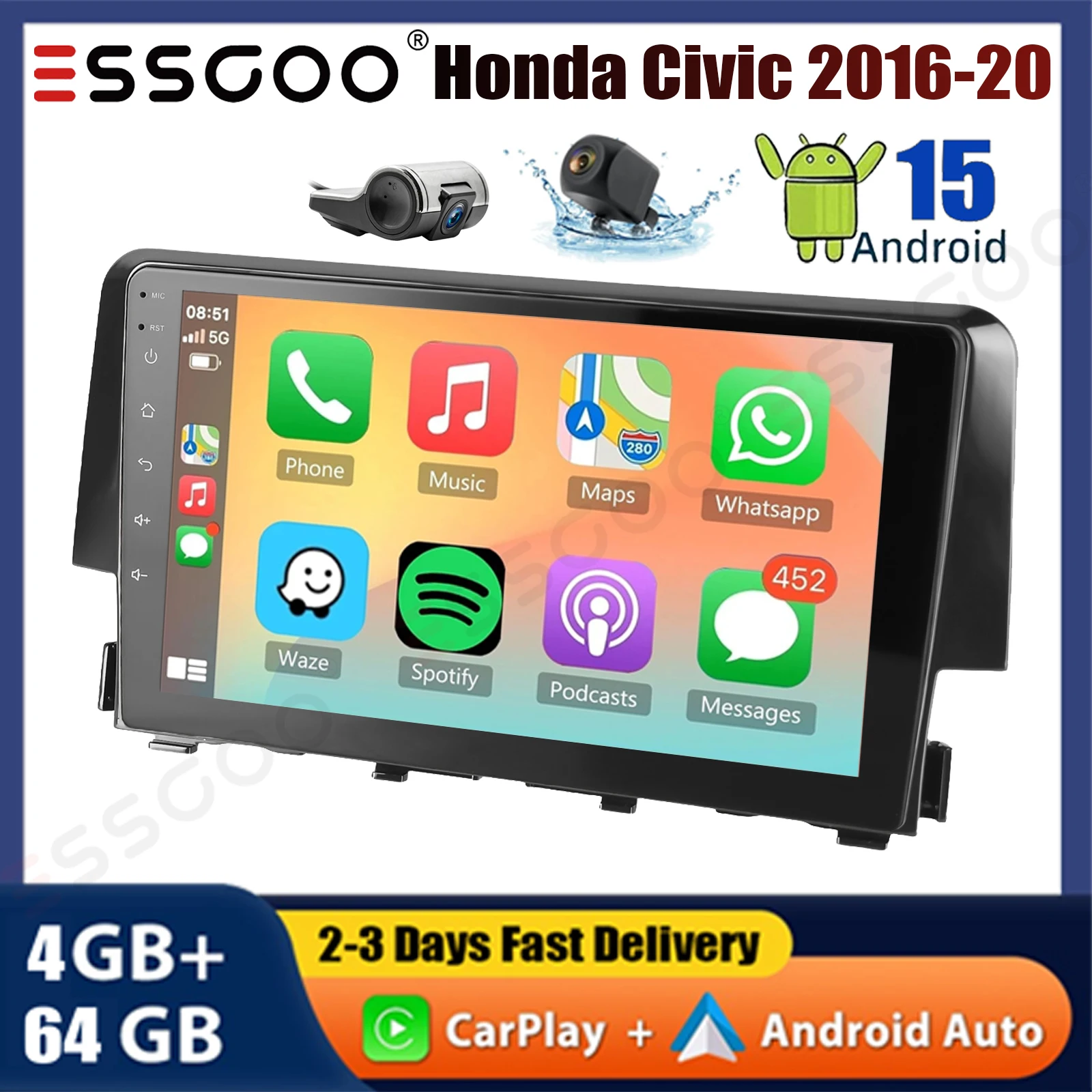 

Apple Carplay 4G + 64G для Honda Civic 2016-2020 Android 15, автомобильный стерео радио, Wi-Fi, GPS-навигация, головное устройство, сенсорный экран BT + DVR и AHD