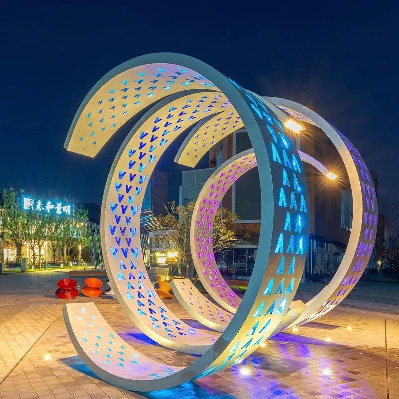 Stainless steel streamer flowing water sculpture square wine large luminous installation stainless steel sculpture