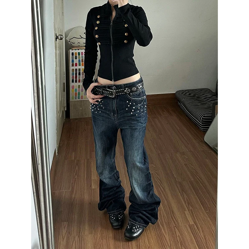 Y2K Rhinestone Studded Wide Leg Jeans Women American Retro Baggy Washed Blue Denim Pants Casual High Street Fashion Trousers