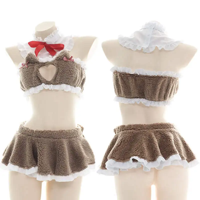 

Sexy Lingerie Cute Doll Collar Love Heart Hollow Open Chest Cat Ear Plush Pajamas Suit Pleated Skirt Cosplay Uniform Temptation