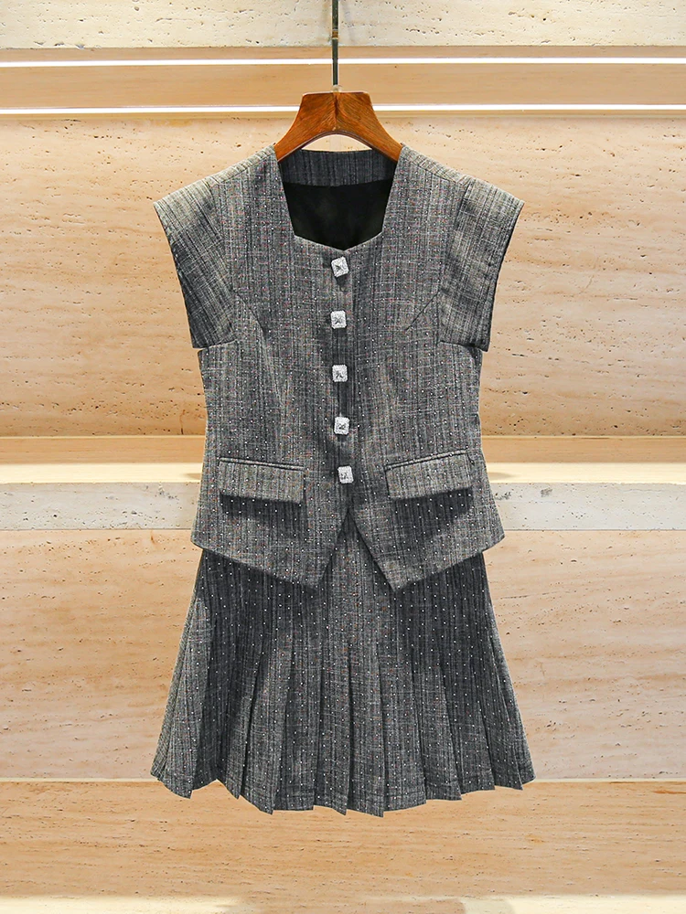 

South Oil High-End Women's Faion Set with Rhinestone Vest And Skirt College Sle Autumn Collection Polyester Fiber Buttoned