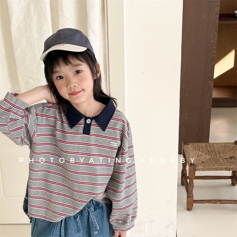 2025 Spring Autumn Fashion Children Clothes Girls Long Sleeve Striped T-shirt Boys Cotton Casual Tops 1-6 Years Kids Polo Shirts