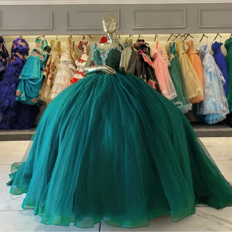 

Mexican Dark Green Quinceanera Dress Ball Gown Off The Shoulder Beaded Diamonds Tull Corset Sweet 16 Vestido De 15 Anos