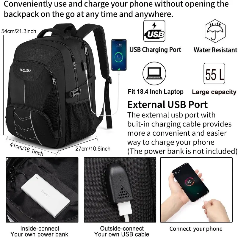 Extra Large Backpack for Men 55L,18.4Inch Travel Laptop Backpack with USB Charging Port Business Flight