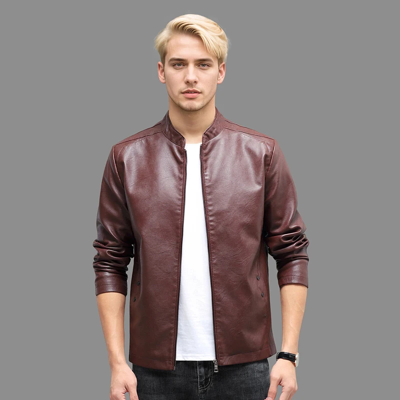 

Мужская винно-красная куртка из искусственной кожи с воротником-стойкой, облегающая легкая байкерская мотоциклетная верхняя одежда