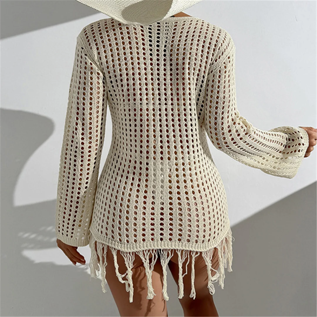 Quaste Langarm Aushöhlen Häkeln Gestrickte Tunika Frauen Strand Cover Up Cover-ups Strand Kleid Strand Tragen Weibliche beachwear