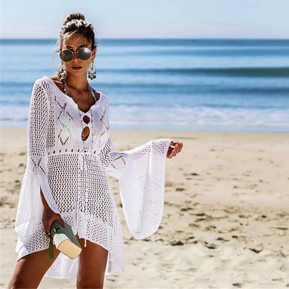 Women Solid Bikini Cover Up Sexy White Crochet Long Sleeve Beach Long Maxi Dress Cover-ups Female Loose Tunic Mesh Beachwear