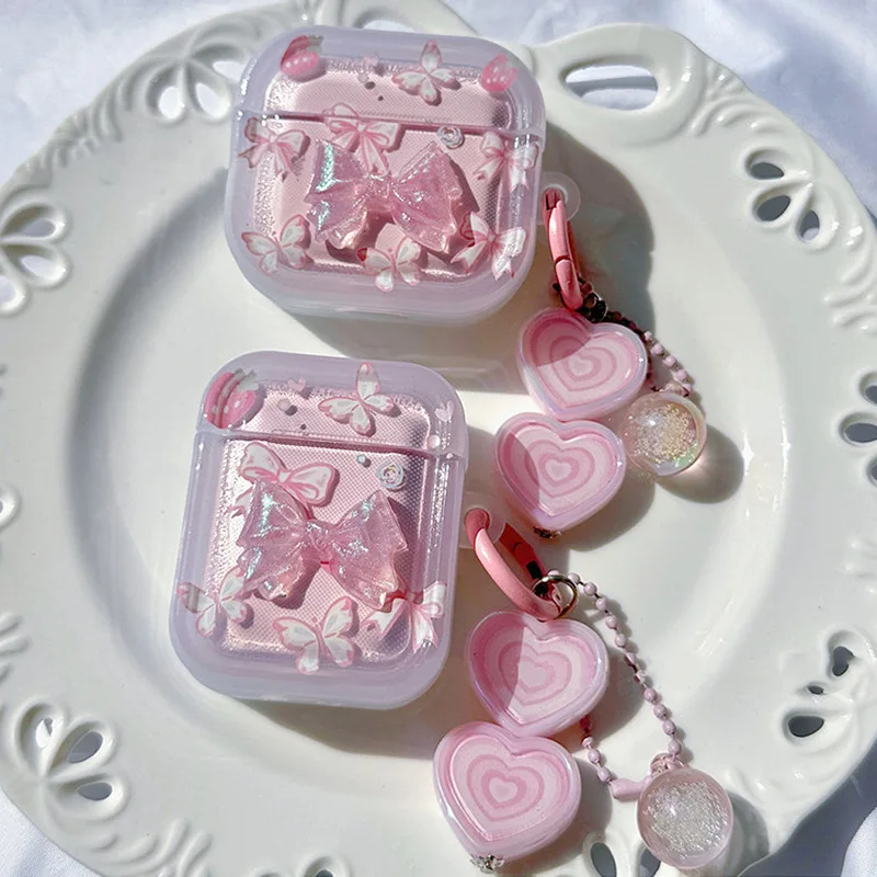 Case For AirPods 4 2 3 Pro 2 EarBuds pink Crystal butterfly Earphone funda Keyring For AirPod 4 Pro2 Headset Bags Accessories - view 3