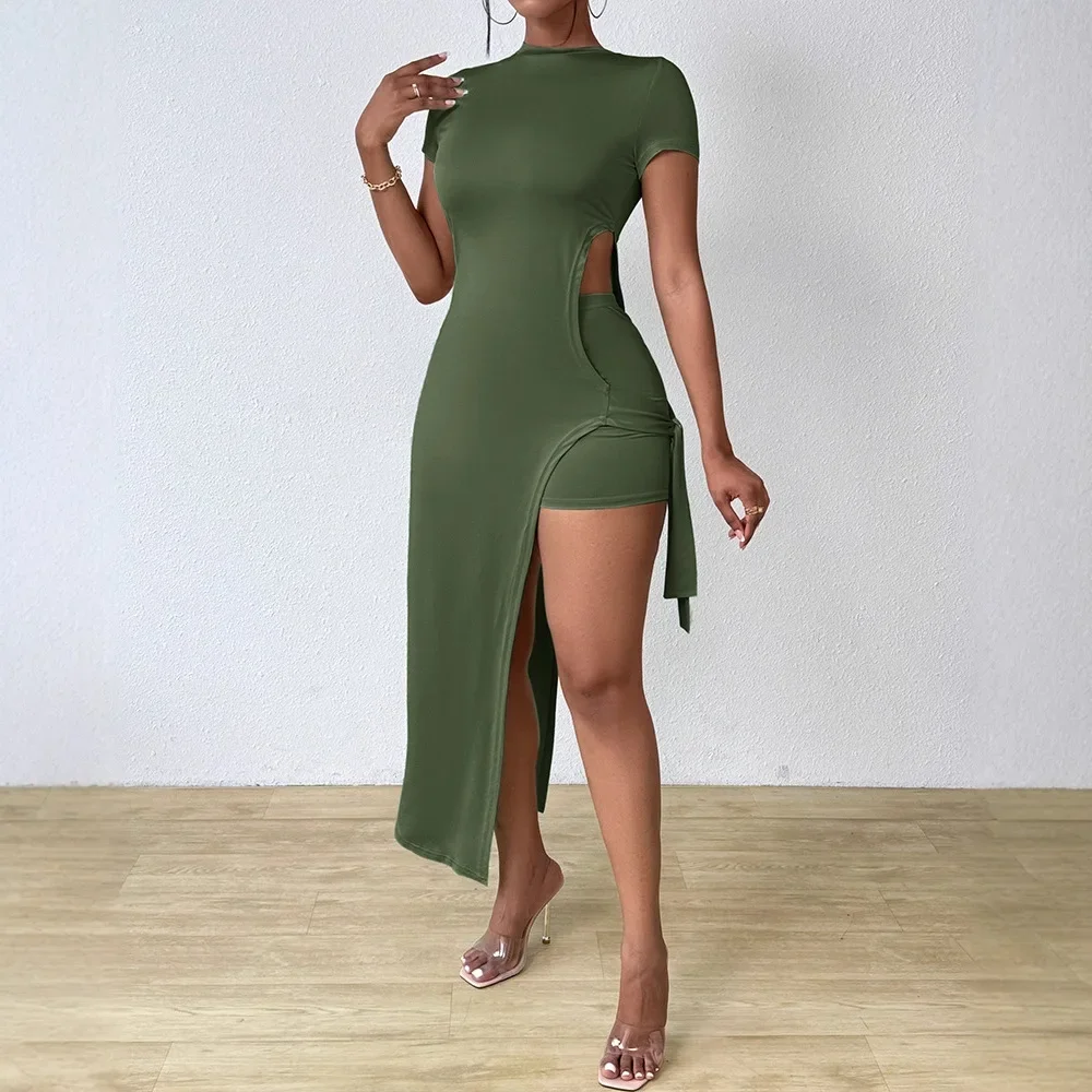 

Tied Detail Slit Asymmetrical Top & Shorts Set Women Solid Color Summer Fashion