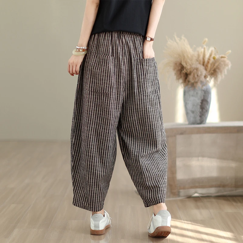 Pantaloni casual larghi da donna a vita alta a nove punti effetto dimagrante pantaloni Harem in misto cotone poliestere pantaloni lunghi larghi a righe