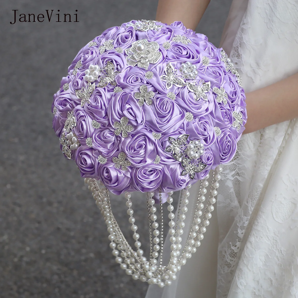 

JaneVini Bling Silver Rhinestones Wedding Bouquet for Bride Bridesmaids Waterfall Pearl Tassel Butterfly Bridal Hand Flower 2026