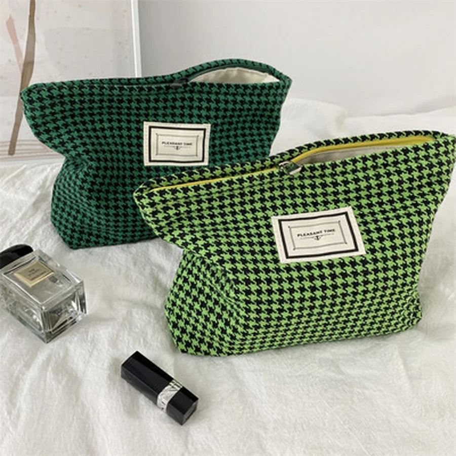 Women Lattice Cosmetic Bag Houndstooth Large Solid Black Makeup Bag Travel Beauty Case Storage Organizer Clutch Toiletry bag