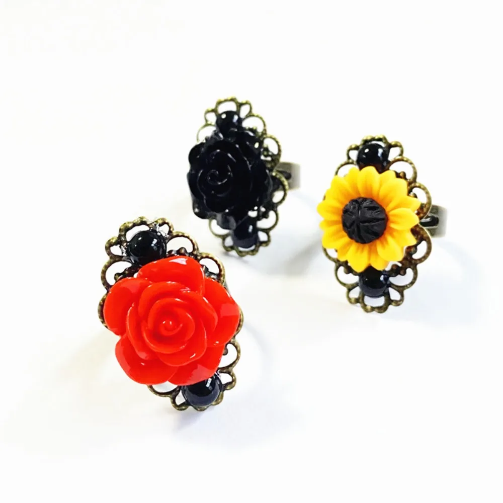 Retro Gothic Stainless Steel Bronze Color Ring Setting Stereo Sunflower Red Roses Flower Adjustable Rings for Women Jewelry Gift