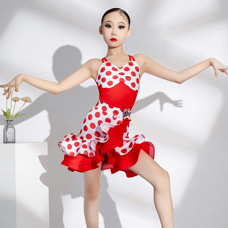 

2024 New Big Red Wave Dot Bodysuit Split Skirt Suit Chacha Rumba Tango Dress Kids Clothing Latin Performance Dance Dress DN17522