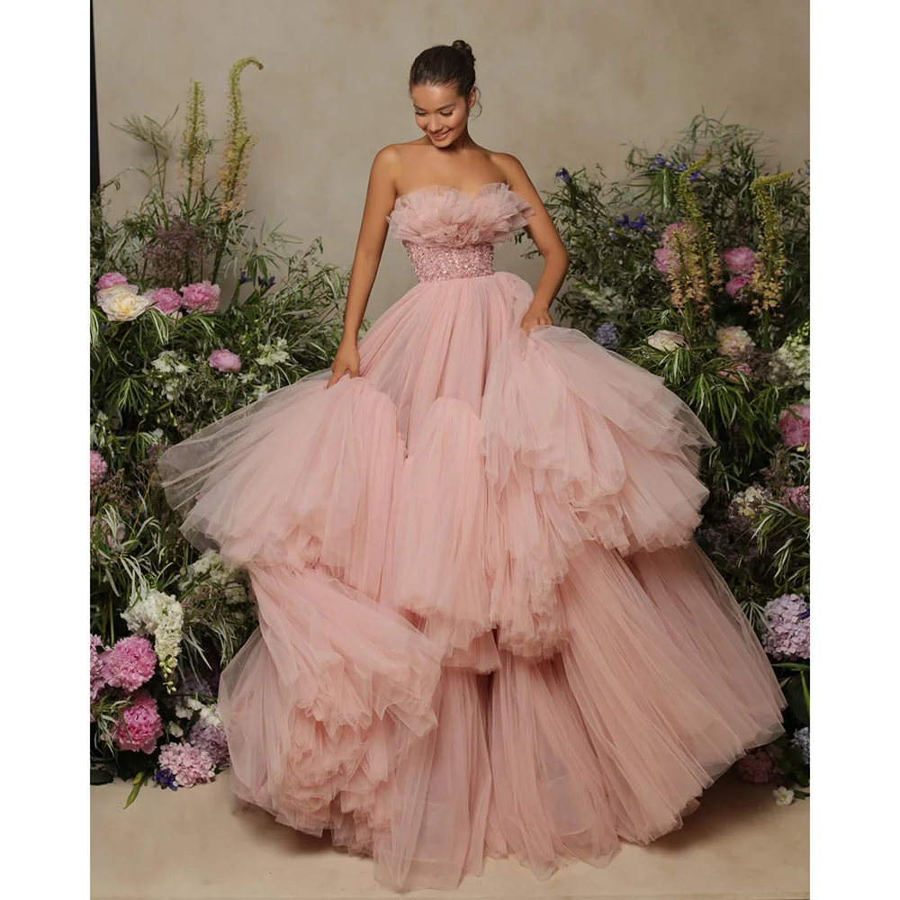 Gorgeous Strapless Pleat Dresses for Prom Elegant Beading Sequined Sweep Train Party Gowns Fluffy Formal Evening Dresses 2024