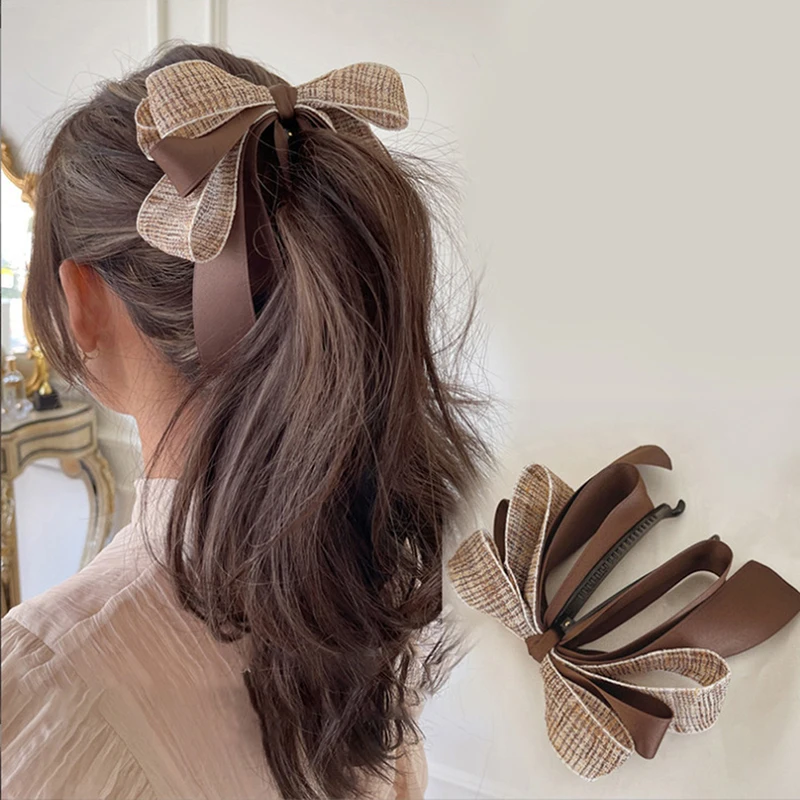 

New Ribbon Bow Banana Clip Cute Pearl Hair Pins Barrette Women Hair Accessories Fashion Solid Color Elegant Hair Claw