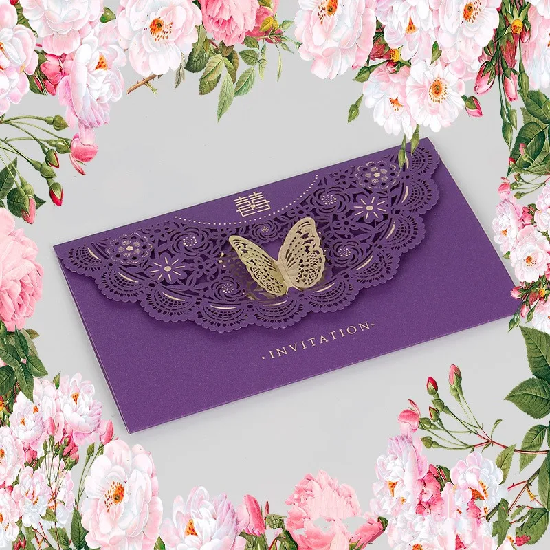 

Laser Cut Butterfly Design Wedding Invitation Card Invtations Engagement Cards Purple Pink Blue