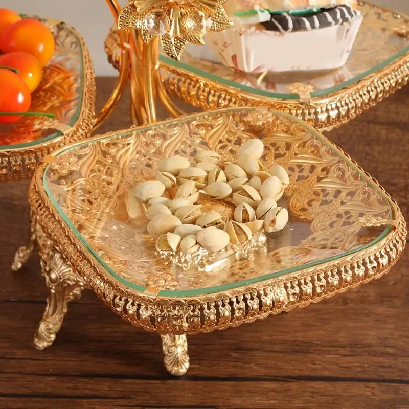 L9BE Large Capacity Fruit Tray with Steel Base And Tempered Glass Metal Structure Serving Platter For Dining Table