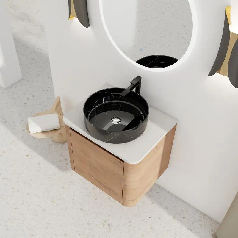 زينة حمام مثبتة على الحائط مقاس 24 بوصة مع حوض سيراميك وباب مغلق ناعم، خشب رقائقي، سهل التجميع، تصميم موفر للمساحة، طراز حديث