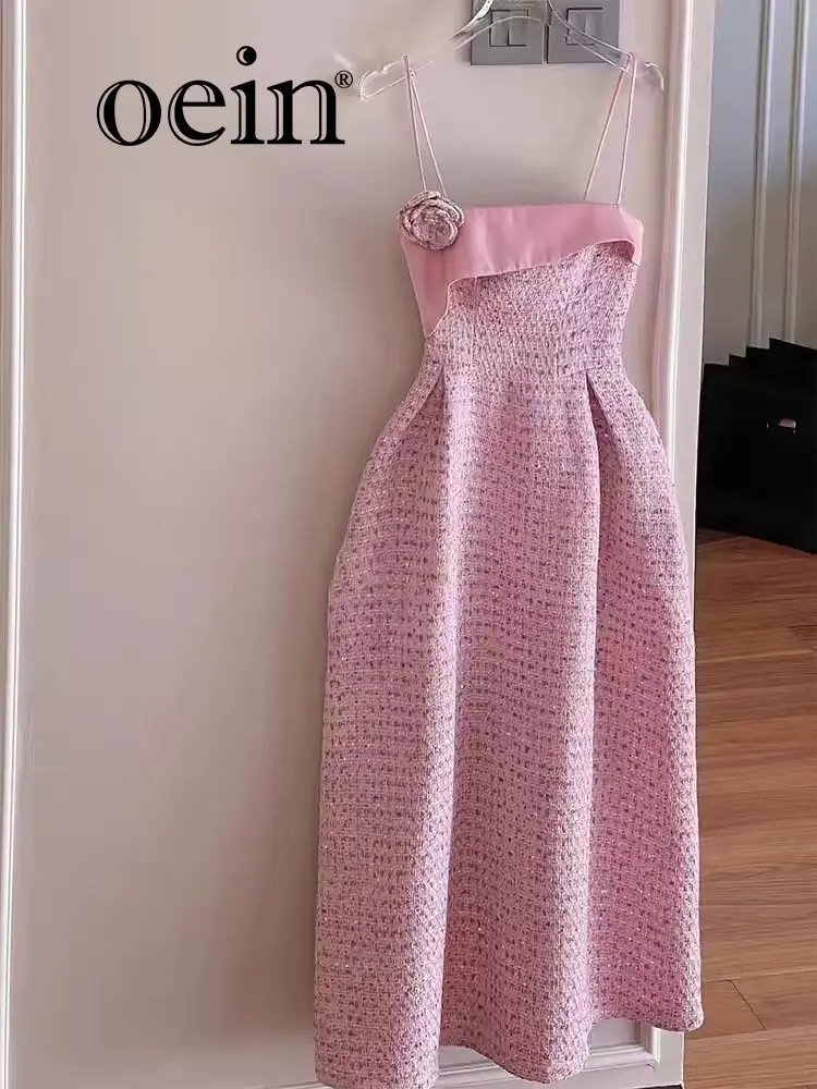 

[oein] Pink Small Fragrant Style Coarse Floral Suspender Dress, Women's High-end Temperament, Sweet And Gentle Banquet Dress