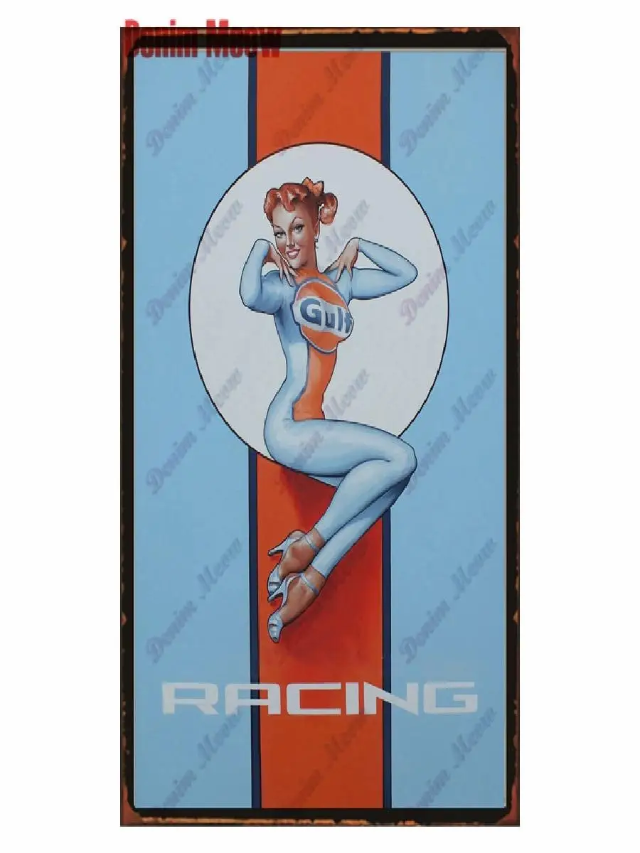 Retro Gulf Gasoline Pin Up Girl Metal Tin Sign  Vintage Motorcycle Poster Wall Plaque Motor Oil Decor Art  Perfect for Garage Ma