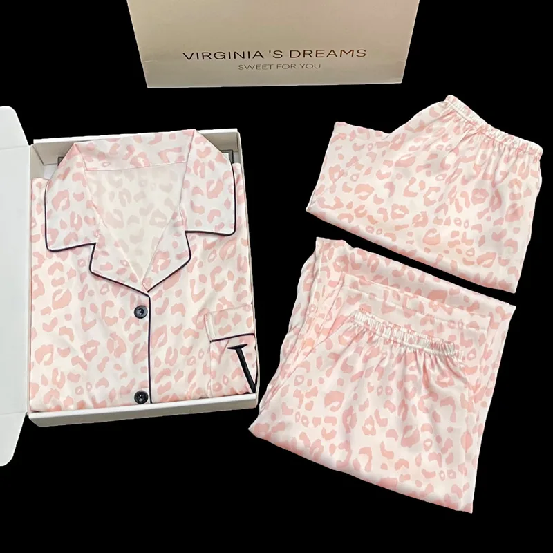 

Hot ins Pink Leopard 2Pcs Set Pajamas for Women Y2K 2026 New Classy Spring Female Sleepwear Short Sleeve Fashion Casual Homewear