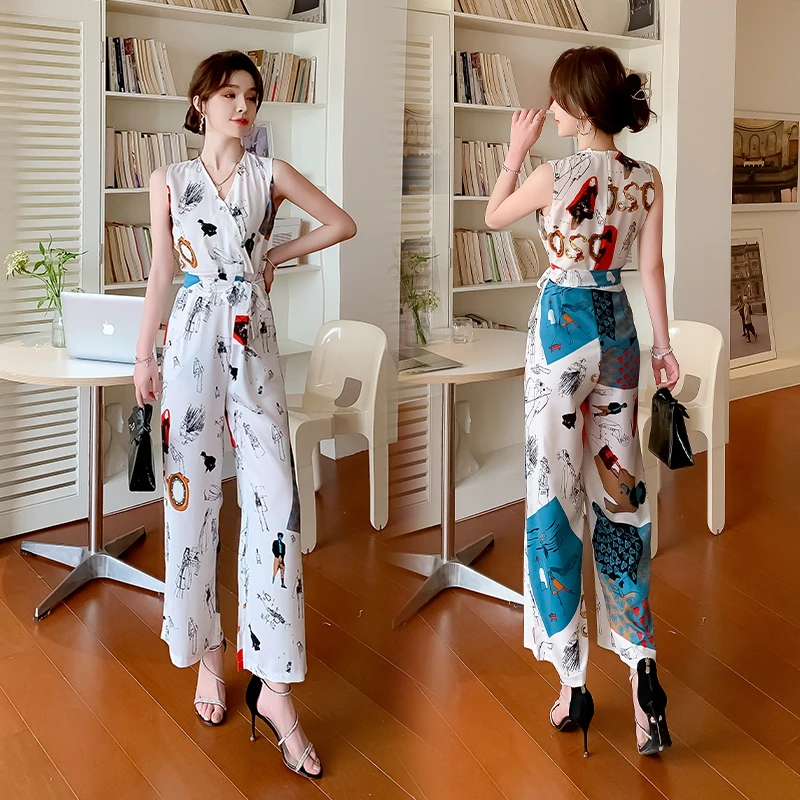 

Women Flower Print Jumpsuit Sleeveless Loose Linen Jumpsuits Summer Loose Casual Wide Leg Pants Romper Overalls Ladies T152