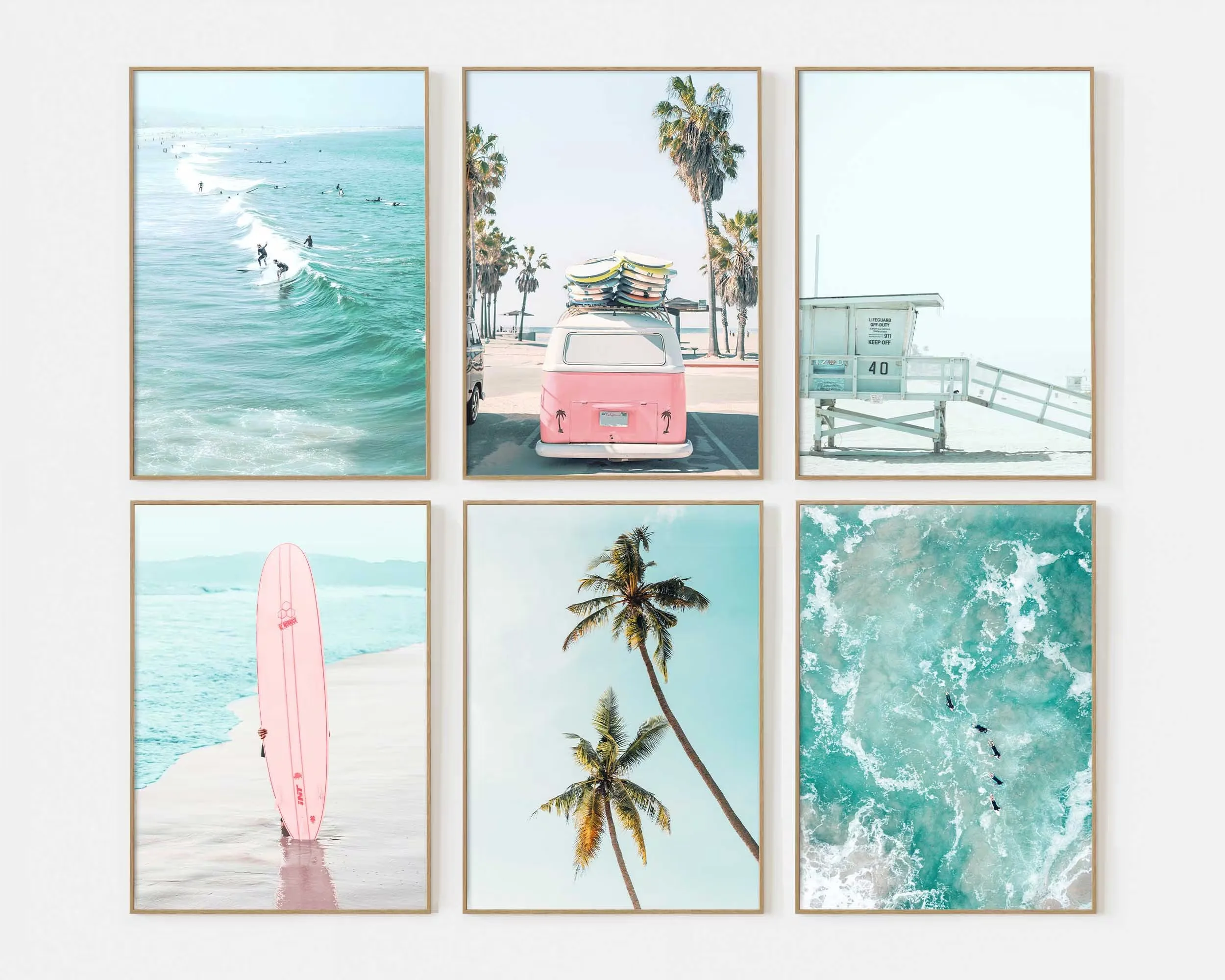 1/6pcs Pastel Blue Beach Surfing Canvas Print Summer Palm Tree Coastal Tropical Wall Art Poster for Modern Teen Girl Home Decor