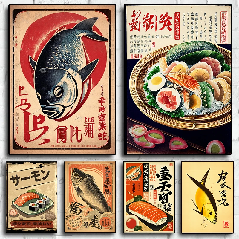 Japanese Food Delicious Sushi Salmon Roll Caviar Retro Poster Canvas Painting Wall Art Pictures Home Kitchen Restaurant Decor