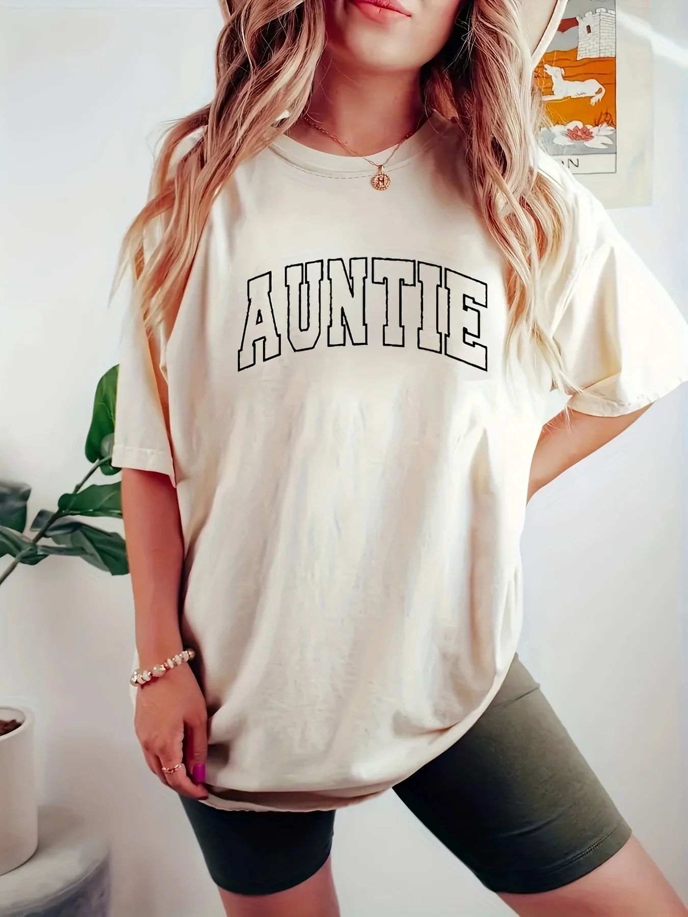 Auntie Print Crew Neck T-shirt, Casual Short Sleeve Summer Top, Women\'s Clothing