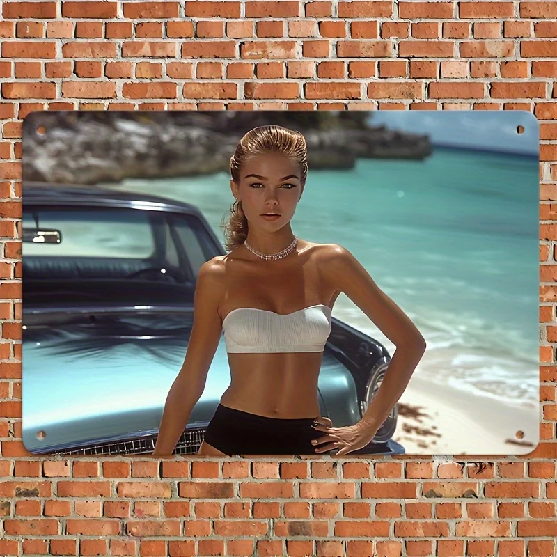 Vintage Metal Tin Sign - Retro Art Deco Wall Decor with Classic Car & Bikini Woman Beach Scene, Durable Iron Outdoor-Ready Home