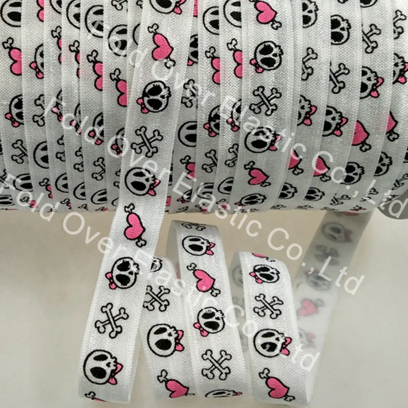 

New Arrival 5/8" Halloween Skull Printed 029 White FOE Fold Over Elastic Ribbon For DIY Accessories 100Yards