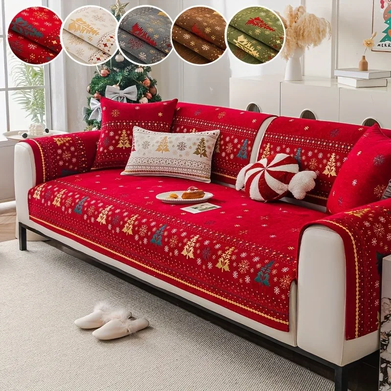 1pc Christmas Tree & Snowflakes Chenille Sofa Towel Holiday Decoration Non-Slip Sofa Cover Living Room Couch Furniture Protector