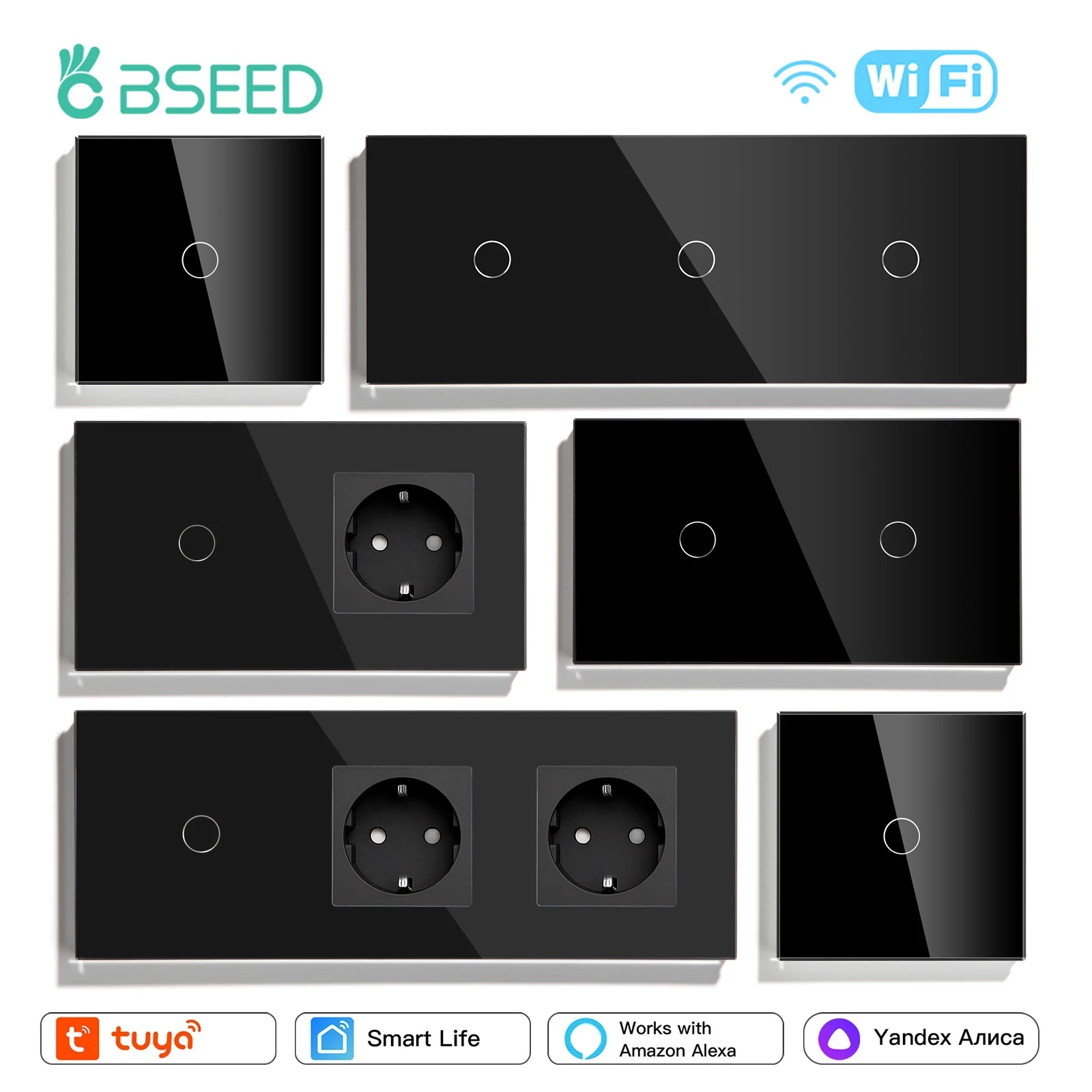 

BSEED Wifi 1/2/3Gang Light Switches Touch Sensor Glass Switch Tuya Smart Life Alexa Control Plus EU Sockets Need Neutral Wire