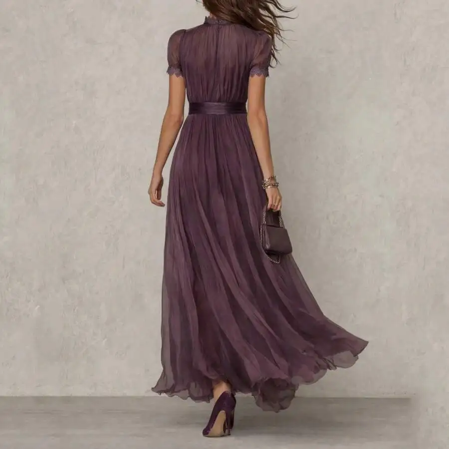 Elegant Purple Chiffon Maxi Dress With Ruffled Sleeves High Neck Waist Belt Flowy Hem