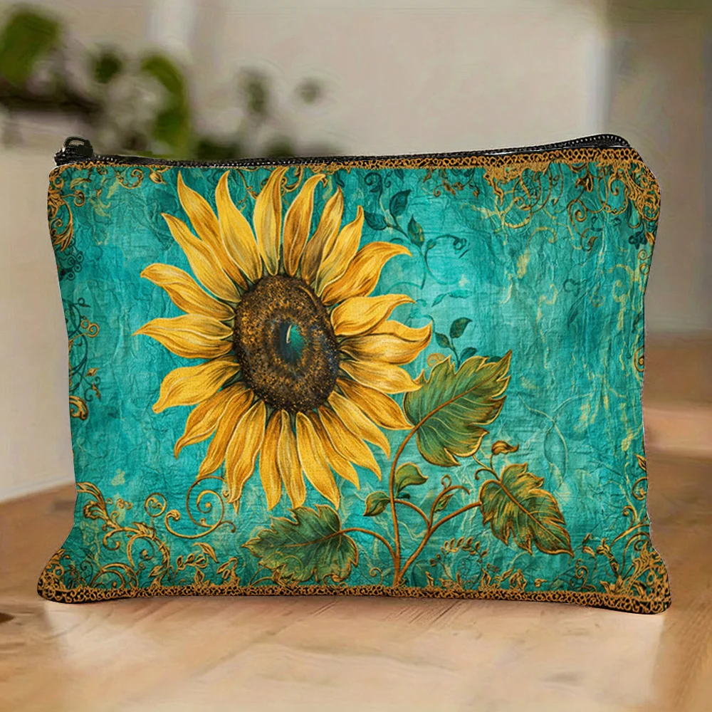 1pc Vintage Oil Painting Sunflower Theme Makeup Bag, Turquoise Green European Floral Pattern Storage Pouch,Cosmetics