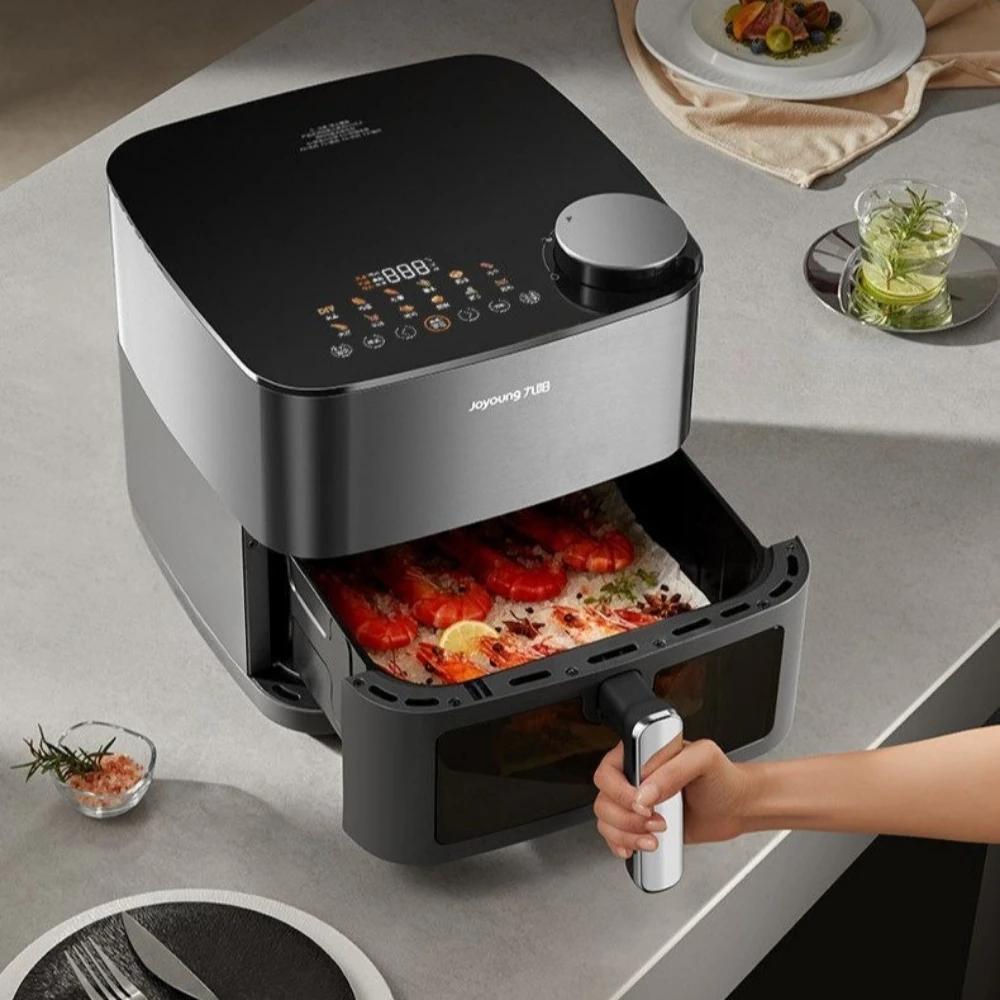 Joyoung 8L Air Fryer Dual Heating Source No Flip Needed Visible Window Household Oil Free Air Fryer Oven Multi Function Cooking