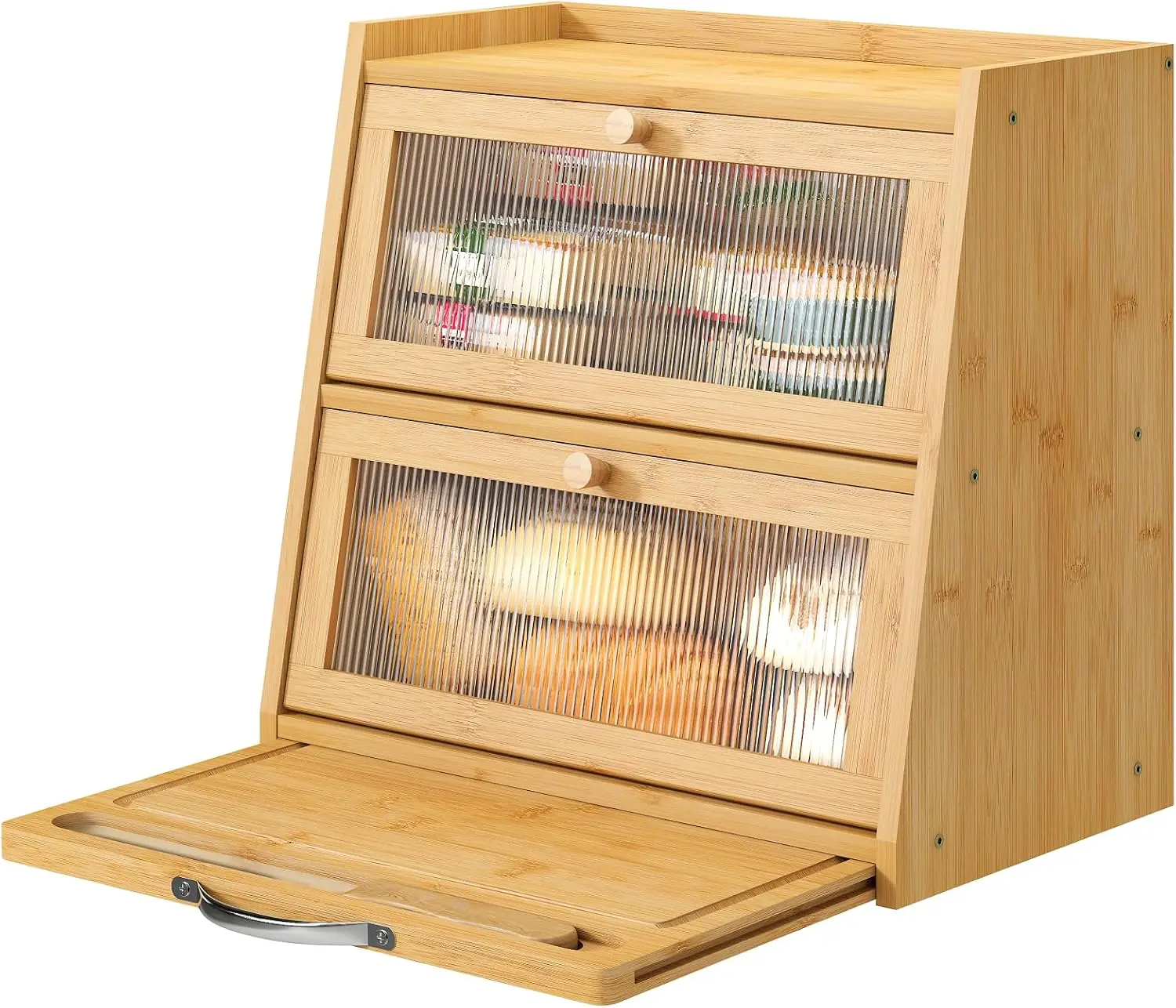 Large Bread Box for Kitchen Counter With Cutting Board, 2-Tier Bread Box, Bamboo Wood Large Capacity Bread Storage Bin