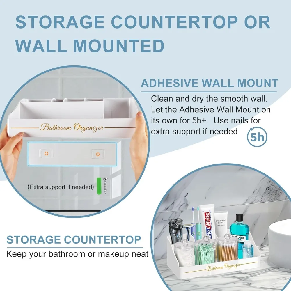 منظم كونترتوب الحمام، حامل فرشاة الأسنان للحمام مع 3 قطع من موزع حامل Qtip وصرف حامل معجون الأسنان