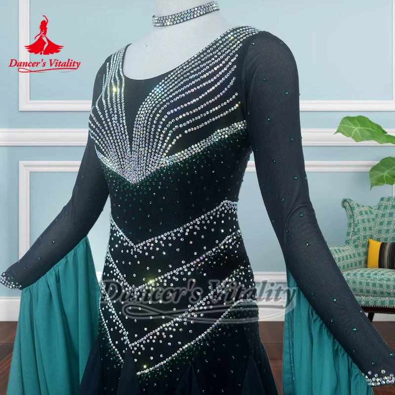 블랙-그린 그라데이션 컬러 포크스트롯 AB 스톤 드레스 맞춤형 성인&어린이 표준 소셜 댄스 대회 의상 댄서의 활력