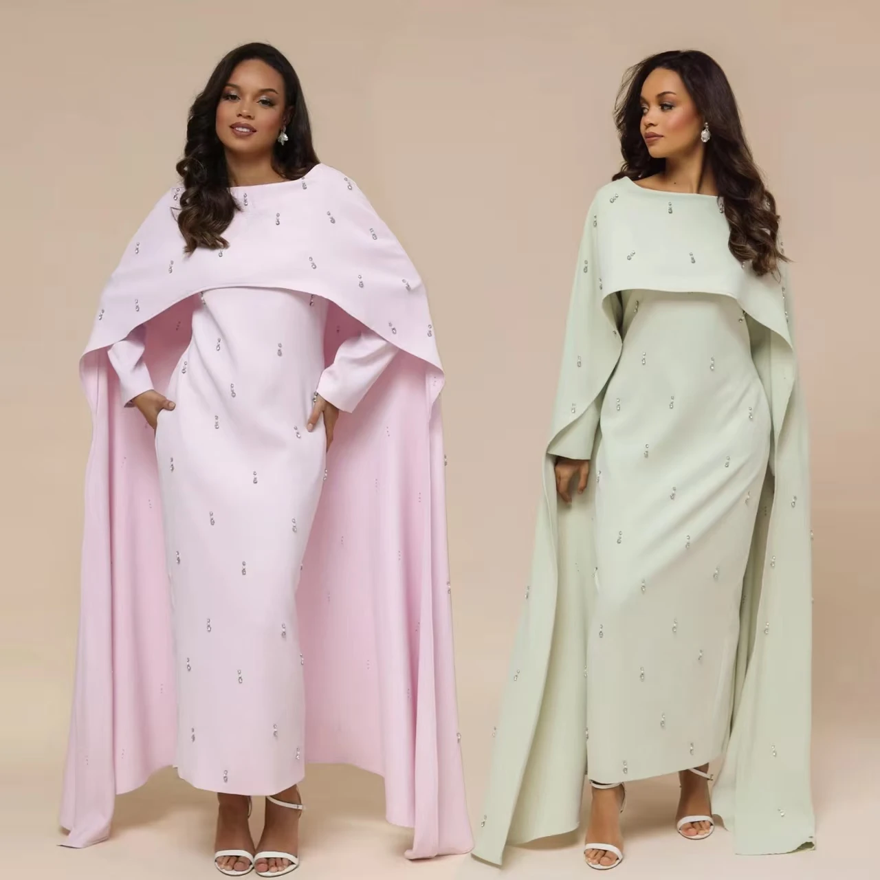 Faionable pure kleur kralen gewaad en Dr set Midden-Oosten nieuwe Sle lange Sve Midi Dr tweedelige set voor dames