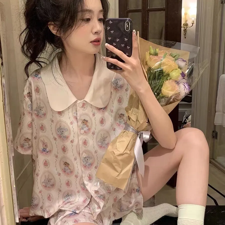 Women\'s New Pajamas Homewear Suit Women Ice Silk Short-Sleeved Shorts Sweet Cute Doll Collar Sweet Homewear Can Be Worn Outside!