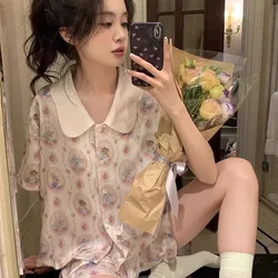 Women's New Pajamas Homewear Suit Women Ice Silk Short-Sleeved Shorts Sweet Cute Doll Collar Sweet Homewear Can Be Worn Outside!