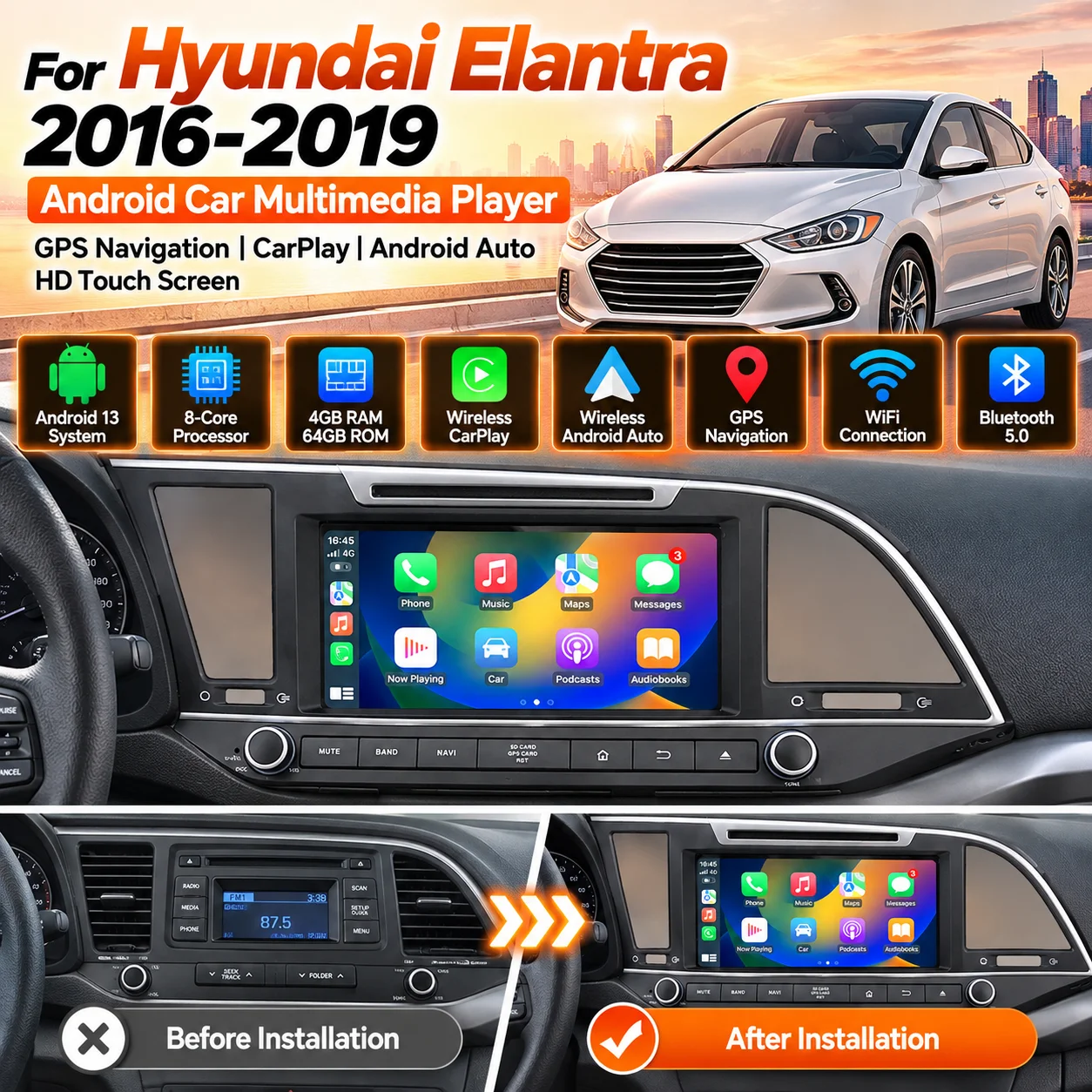 Android Car Multimedia Stereo Player For Hyundai Elantra 2016-2019 Tape Radio Recorder Auto GPS Navi Head Unit No 2Din 2 Din