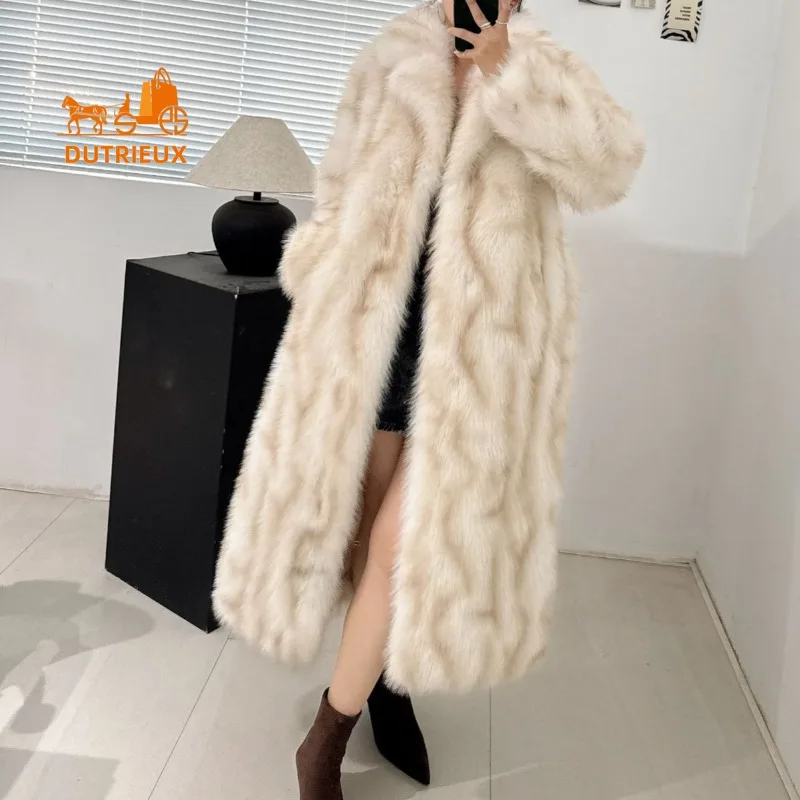 معطف فرو طويل للنساء شتوي سميك لعام 2025، ياقة فرو كاملة من جلد الغزال 100%، سترة دافئة برباط للعطلات للنساء