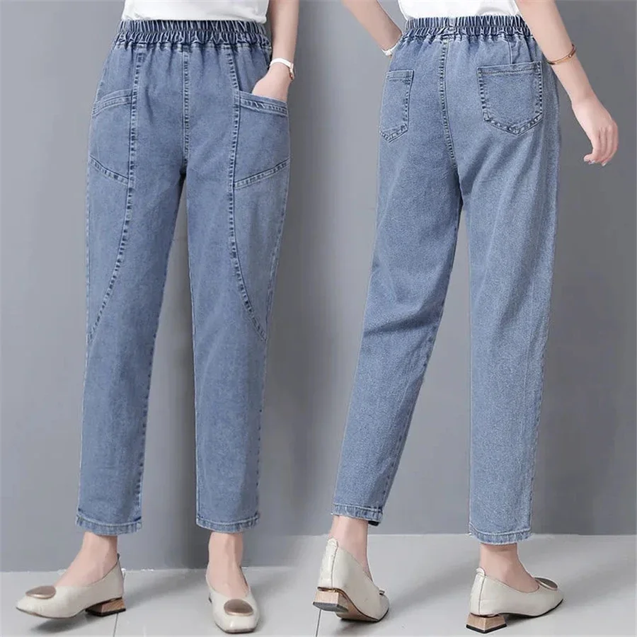 

High Waist Casual Baggy Jeans Oversize 4XL Women Stretch Ankle-Length Pants Denim Pantalones Korean Vaqueros Blue Capris Z986